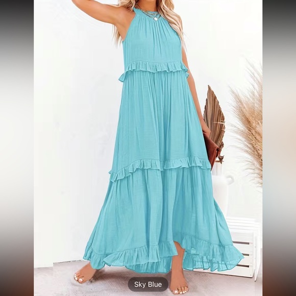 #138 Tiered Ankle Tank Dress, Vocation Backless Halter Neck Dress with Pockets - Picture 2 of 16